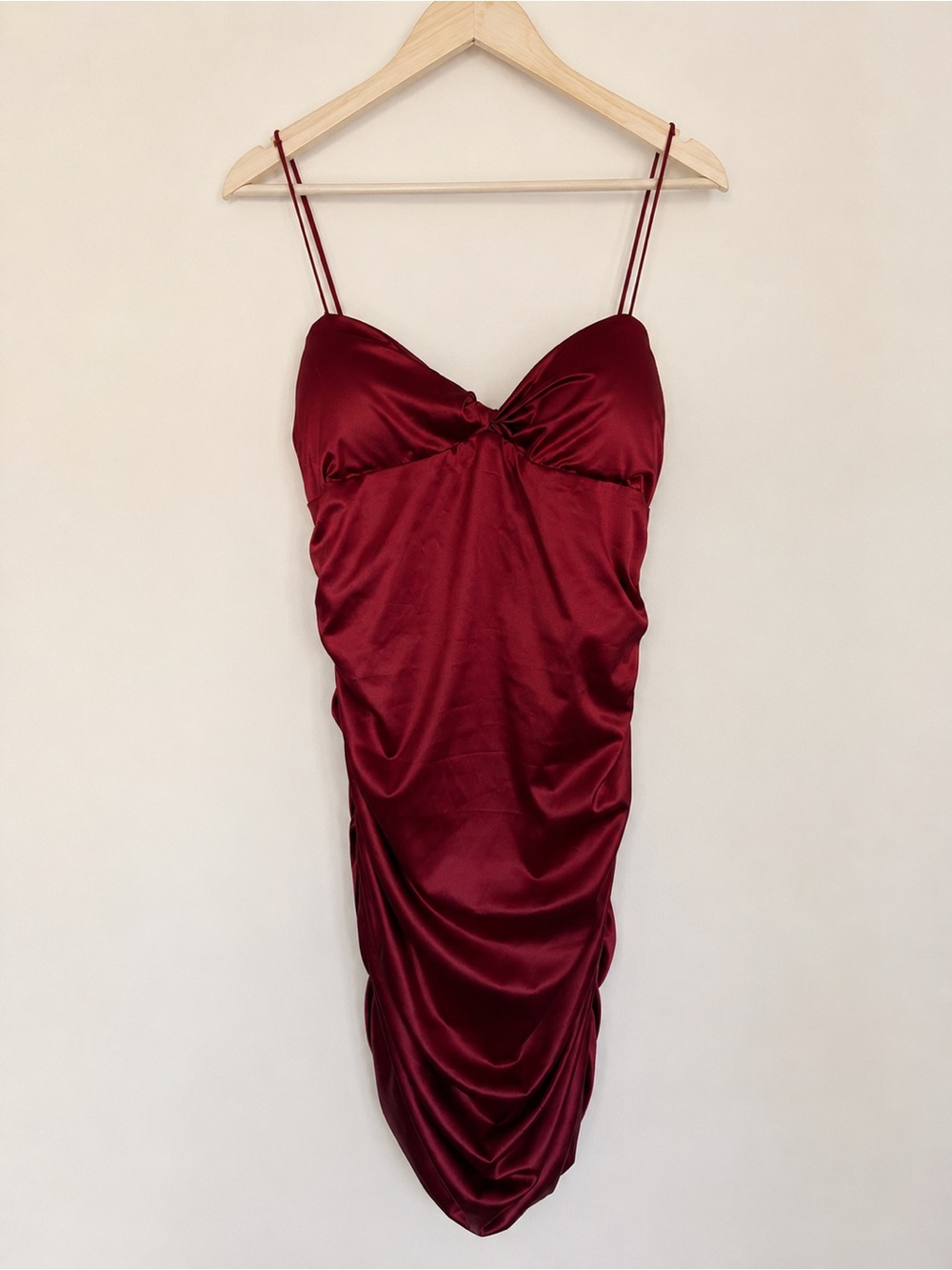 Oh Polly Satin Burgundy Ruched Slip Dress